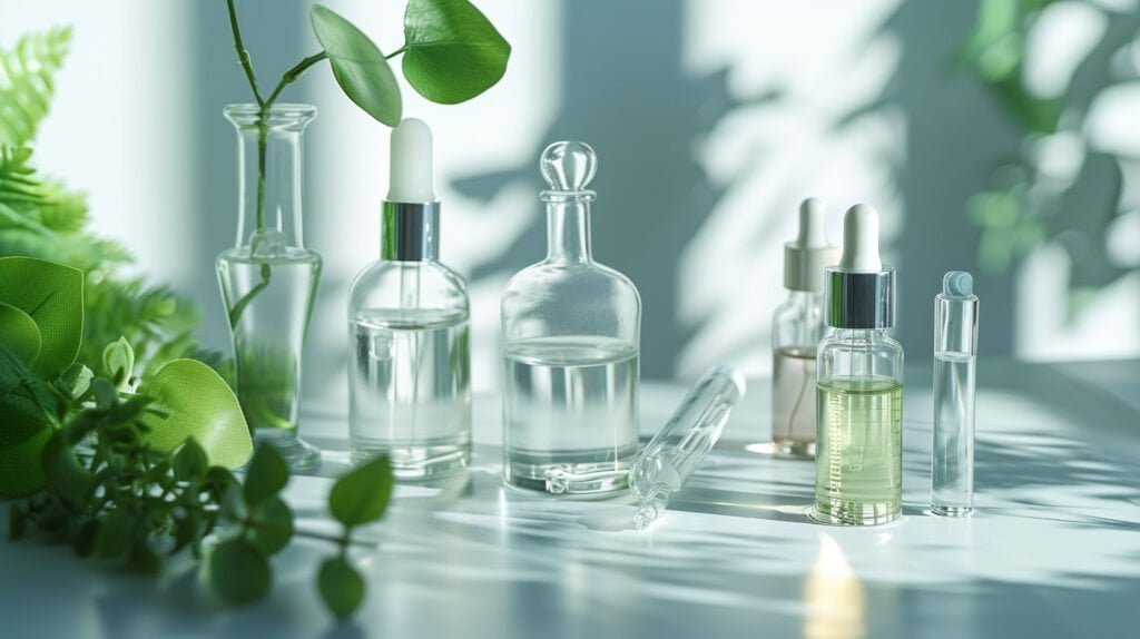 Odos priežiūros produktų indelių prezentacija švarioje, žalioje, natūraliai apšviestoje aplinkoje.
