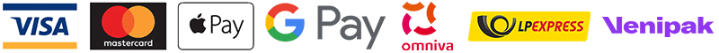 Visa, Mastercard, Apple Pay, Google Pay, Omniva, LP Express, Venipak maksājumu un piegādes veidu logotipi