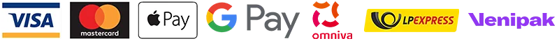 Visa, Mastercard, Apple Pay, Google Pay, Omniva, LP Express, Venipak maksājumu un piegādes veidu logotipi